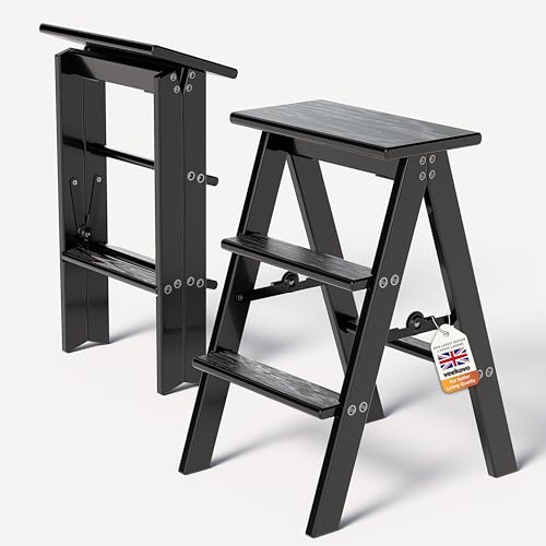 3 Steps Ladder,wooden step stool,Folding Step Stool with Anti-Slip Wide Pedal,150KG Load,2-in-1 Wood Foot Stool Display Storage Shelf Flower Rack for Home Ktichen (Black K1)