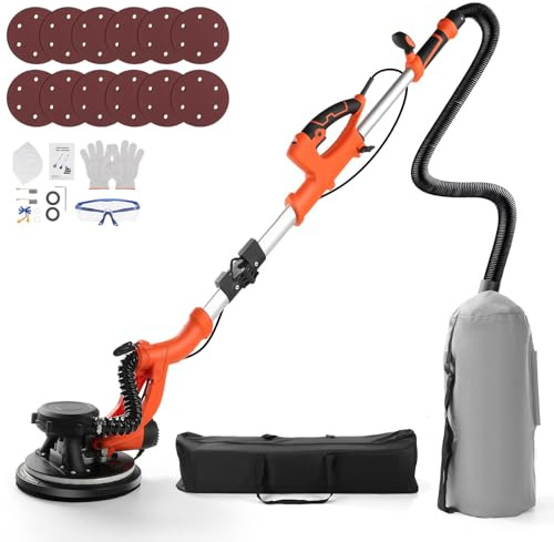 Electric Drywall Sander, 1000W Wall Sander with Vacuum Dust Collection and LED Light, 5 Speed 1000-2100RPM 12Pcs Sanding Discs Foldable Extendable Electric Sanding Machine for Walls Popcorn Ceiling