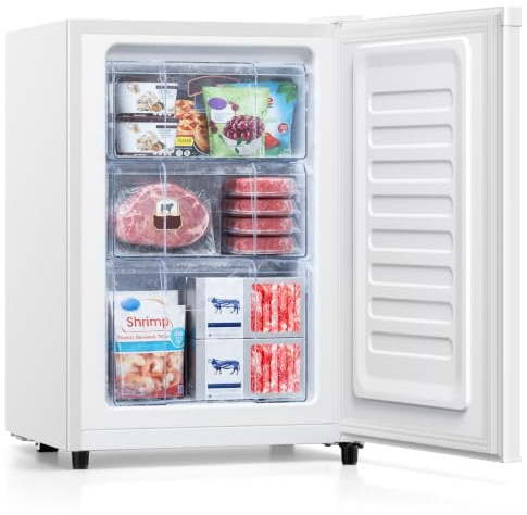 KOMORE Small Freezer Freestanding Upright Freezer 46L, 3 Drawers, White | Removable Shelves, Low Noise, Energy Saving Under Counter Freezer for Home/Office/Dorm