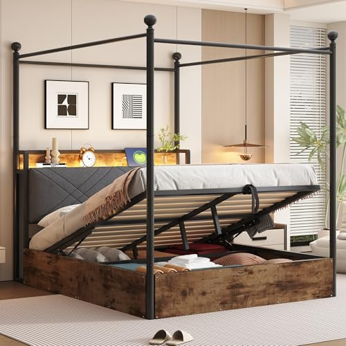 staronce Doppelbett & Metallbett 140x190 cm Schwarz – Bett mit stauraum mit Hydraulik, Himmelbett mit LED & USB, Erwachsenen-/Jugendbett mit Baldachin – 220 kg belastbar