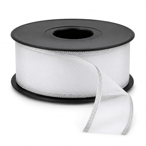 Premium Organza Band mit Drahtkante, 2,5 cm x 20 m, Polyester, Elegant, Ideal für Hochzeit, Geschenkverpackung & Dekoration (Weiß – Silberkante)