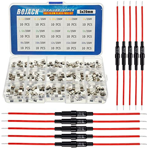 BOJACK 5x20 mm Fuse Holder Inline Screw Type with 16 AWG Red Wire + 15 Values 150 Pcs 5x20mm Fast Blow Glass Fuses 250 V 0.1 0.2 0.25 0.5 1 1.5 2 3 4 5 8 10 12 15 20A Assortment Kit