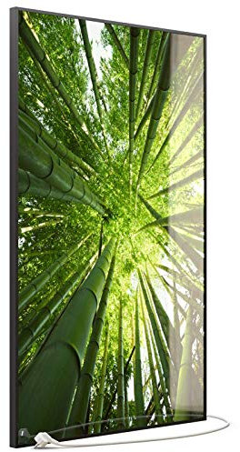STEINFELD Heizsysteme® Glas Bild Infrarotheizung Flächenheizkörper mit Thermostat | Hochkant | viele Motive 350-1200 Watt Rahmen schwarz (900 Watt, 023H Bambusbaum)