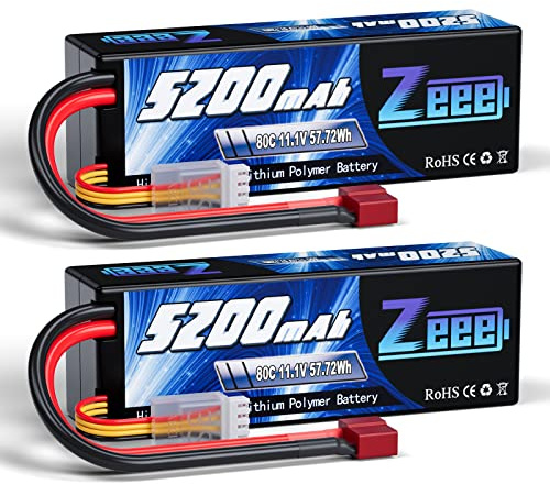 Zeee 3S LiPo Akku 11,1V 80C 5200mAh Hardcase Batterie mit T Stecker für RC Auto, RC Flugzeug, RC Hubschrauber, RC Hobby (2 Packungen)