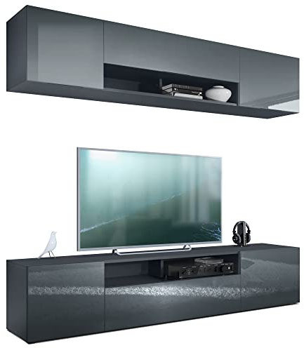 Vladon Wohnwand Mogan mit Zwei 181 x 39 x 35 cm Elementen, hängende Wohnzimmer Anbauwand mit 12 Fächern, Korpus in Anthrazit matt, Fronten in Grau Hochglanz