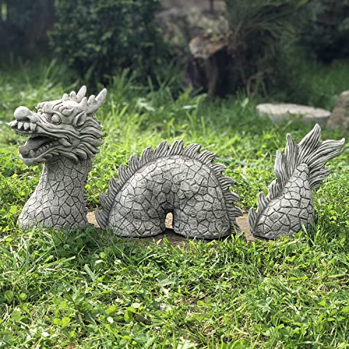 ONEFOLD - Chinese 3 piece Dragon Garden Ornament/Hand Cast Stone Garden Statue/Home Patio Conservatory Decor