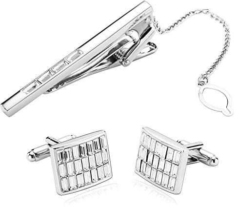 Whoiy Krawattenklammer Silber, Krawattennadel Edelstahl Rechteck Zirkonia Smokinghemd Kostenlose Gravur mit Geschenkbox