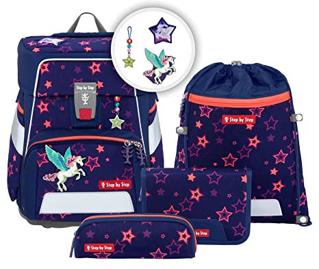 Step by Step Schulranzen-Set Space Shine „Pegasus Night Nuala“ 5-teilig, ergonomischer Tornister mit Reflektoren, höhenverstellbar mit Hüftgurt, Grundschule, 1. Klasse, 20L, lila-rosa, Pferd-Design