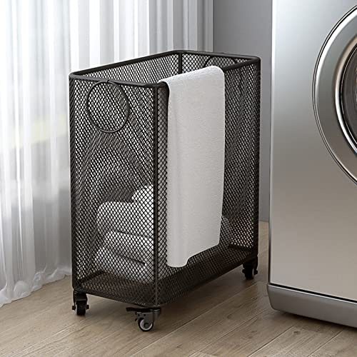 Wäschekorb Wäschesortierer Schlanker Wäschekorb Mit Rädern, Metallkorb Für Schmutzige Wäsche Für Schlafzimmer/ Bad/ Schrank/ Hausecke/ Kleine Räume, Großer Wasserdichter Wäschebehälter ( Color : Black