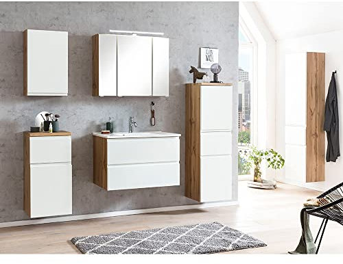 Lomadox Badmöbel Komplett Set inkl. Waschbecken und LED Beleuchtung in Wotan Eiche Nb. mit weiß matt, Waschplatz Set, Hängeschrank, Unterschrank, Midischrank & Hochschrank