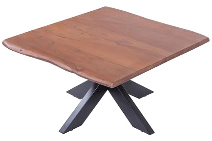 SAM Couchtisch 80x80 cm Quintus, echte Baumkante, Akazienholz nussbaumfarben, massiver Sofatisch, Spider-Metallgestell Schwarz