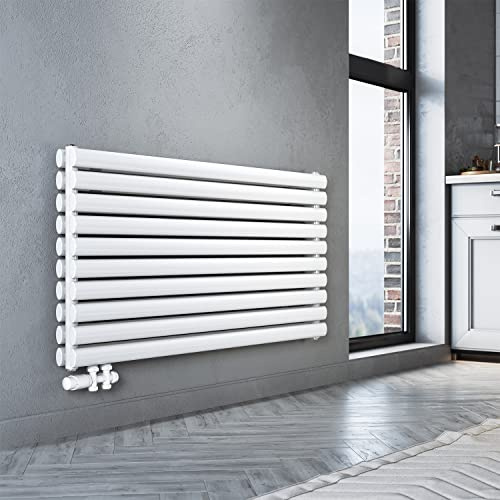SONNI Design Heizkörper mit Multiblock 593x1200mm Weiß Doppellagig Horizontal Paneelheizkörper Seitenanschluss Badheizkörper