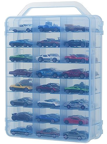 KISLANE Double Sided Toy Car Storage Case for 46 Hot Wheels, Matchbox Cars - Portable Transparent Case with 46 Compartments (Blue-46)