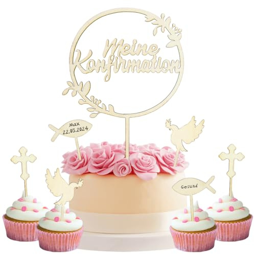 7 Stück Cake Topper Konfirmation, Holz Tortendeko Meine Konfirmation, Taufe Konfirmation Torten Topper, Erstkommunion Kuchen Dekoration für Taufe Junge Mädchen