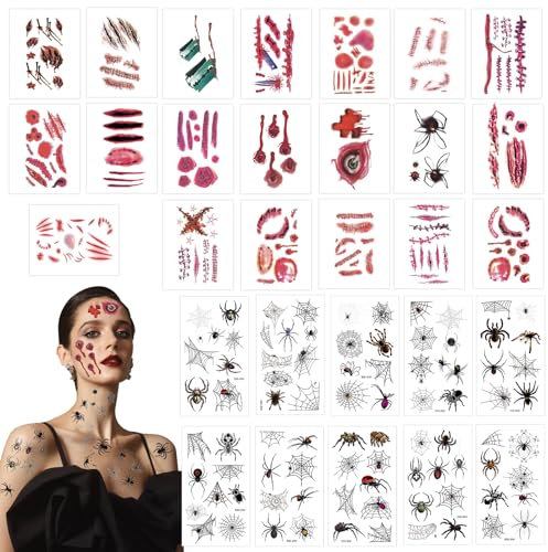 GAROMIA 30 Kits Halloween Tattoo Set Schwarz Spinne Temporäre Tattoos Narben Tattoo Halloween Tattoo Gesicht Tattoos Aufkleber Temporäre für Männer Damen Schminke Halloween Party Karneval
