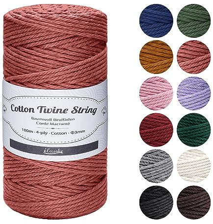 ilauke Macrame Cord 3mm x 100m, Natural Macrame Cotton Cord DIY Craft Cotton Rope for Wall Hanging, Plant Hangers, Crafts, Knitting, Decorative Projects