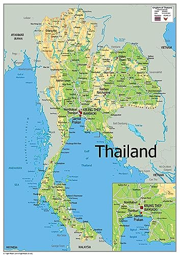 Mapa físico de Tailandia - Colección Oxford - Tamaño A2 - Papel laminado