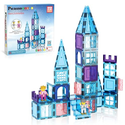 PicasssoTiles 72 Piece Magnetic Building Tiles Castle Winter Ice Theme Construction Magnet Block Set with Princess Prince Character Stairs Windows Doors STEM Learning Educational Toy Kids Ages 3+ PT72