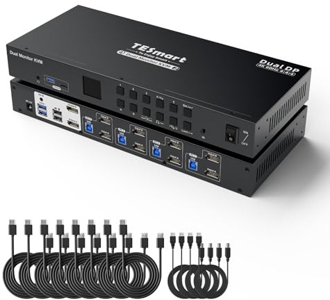 TESmart KVM Switch - Dual Monitor DisplayPort 4 Port USB3.0, 4x2 KVM Switches for 4 Computers, UHD 4K@60Hz, L/R Port, Hotkey, Dolby Vision, EDID, PC Monitor Switch with Input Cables
