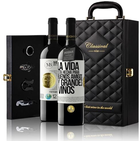 «La vida está hecha para buenos amigos y grandes vinos» Mensaje en una Botella. Estuche-Maletín de LUJO 2x Vino Tinto Premium Reserva 12 Meses y Set de 4 Accesorios. Etiqueta Blanca PERSONALIZABLE
