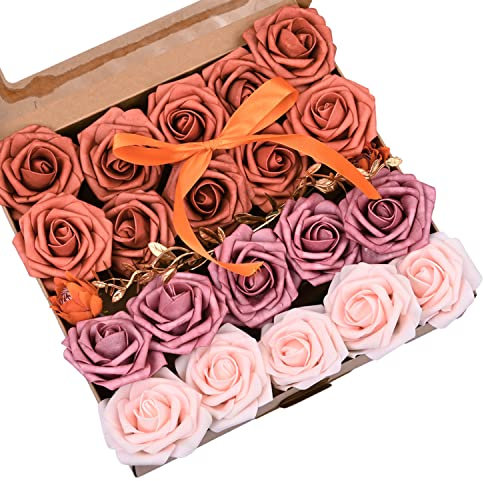 ALEjon 20 Stück künstliche Rosen in leuchtendem Orange und Altrosa: Perfekt für selbstgemachte Brautsträuße, Hochzeitsblumenarrangements und mehr!