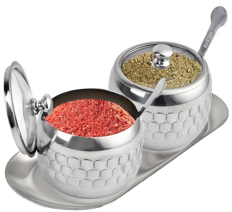 Worldity 2 azucareros de acero inoxidable con tapa, cuchara y bandeja, recipiente de azúcar de 350 ml, recipientes de especias con cuchara, recipientes pequeños para servir platos, almacenamiento para