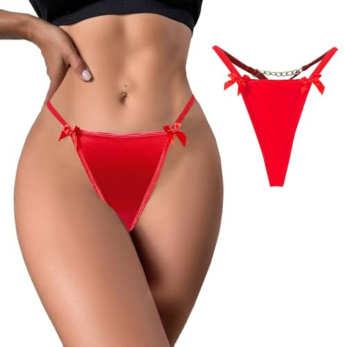 JFAN String Femme Tanga avec Nœud et Chaîne sous-Vêtement Chic Élastique Tanga Femme sans Couture Rouge L
