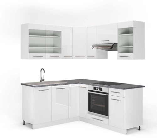 Vicco Eckküche Fame-Line, Weiß Hochglanz/Weiß, 190 x 160 cm | 10 Module · Höhenverstellbare Füße · AP Anthrazit inkl. · MDF-Fronten · Softclose · Metallgriffe