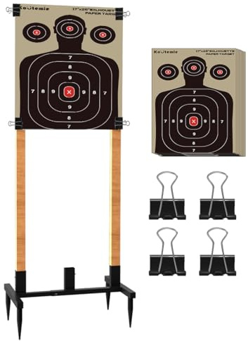 Koutemie Outdoor Shooting Stand with 10pcs 17x25 Inch Paper Targets, Heavy Duty Range Target Holder with Adjustable Base, H Shape, Black