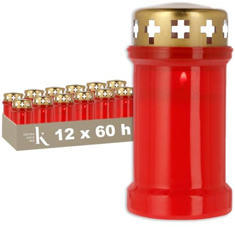 KRISTEN Lanterne funéraire extérieure traditionnelle 3D – 60 heures de combustion – Rouge – Lot de 12 pièces – Pack économique – Lumière commémorative, bougie funéraire, bougie commémorative