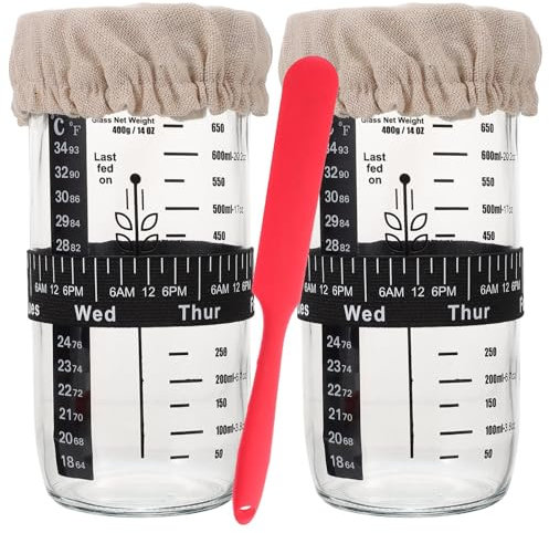 Alipis Sauerteig-Starterglas Mit Stoffdeckel Glasspatel Datumsmarkierung Fütterungstemperaturanzeige Sauerteigbehälter Für Kombu-Cha-Bier Wein 2Er-Set