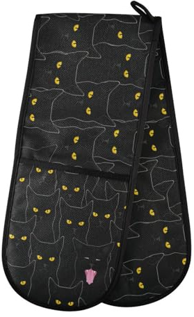 Double Oven Gloves Heat Resistant Animal Black Cat Double Oven Mitts Pot Holder Heat Protection Oven Gloves for Home Kitchen Baking Cooking BBQ Microwave