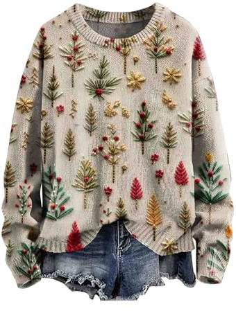 Christmas Jumpers for Women Plus Size Long Sleeve Knit Sweater Fashion Christmas Artistic Print Sweatshirts Casual Crewneck Oversized Sweatshirt Ladies Elegant Xmas Pullover for Holiday