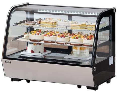 VEVOR Refrigerated Display Case, 5 Cu.Ft./146L Countertop Pastry Display Case, 2-Tier Commercial Display Refrigerator with LED Lighting, TURBO Cooling, Frost-Free Air-Cooling, for Bakery