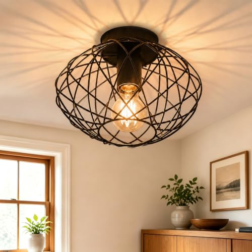 Glitzerlife Deckenleuchte Flurlampe Vintage Schwarz - Deckenlampe Retro Industrial E27 1 Flammig Ø 25cm Metall Lampenschirm Runde Küchenlampe Decke Korride Wohnzimmer Schlafzimmer