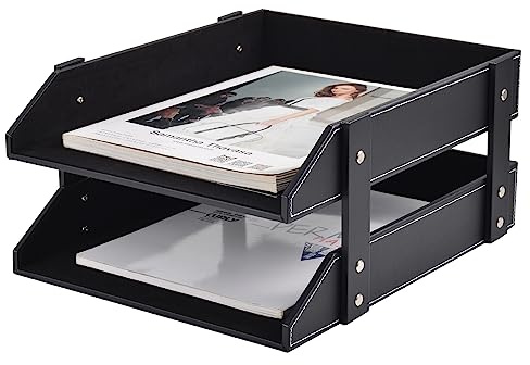 XNONE Läder brevkorg, stapelbara skrivbordsbrickor organisatör, kontorsmaterial brickhållare för dokument, brevpapper, tidskrifter, tidningar, bokstäver perfekt kontor skrivbordsorganisation (svart, 2