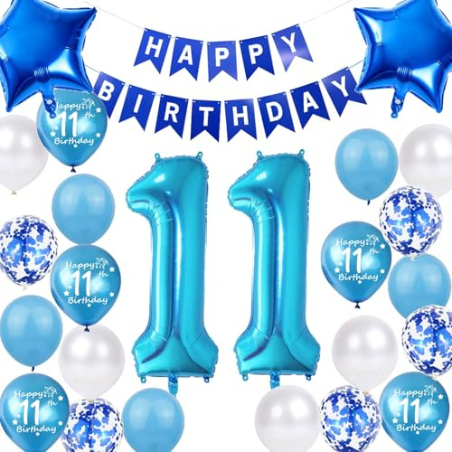 11. Geburtstag Dekoration Junge, Geburtstagsdeko 11Jahre Junge, 11 Geburtstagdeko, Blau 11 Ballon Deko, Luftballon 11. Geburtstag Party Blau(11.)