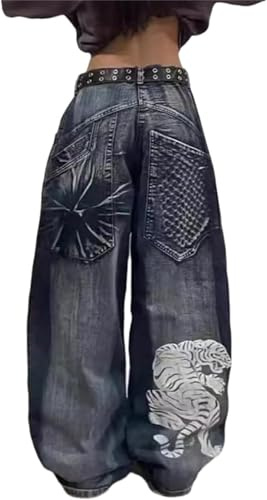 Suncadmious Jeans Larghi Eleganti da Donna con Tasche Pantaloni in Denim Ricamati con Teschio Vintage Hip Hop, Pantaloni a Vita Bassa Jeans Vintage a Gamba Dritta Hip Hop (Blu 1,L)