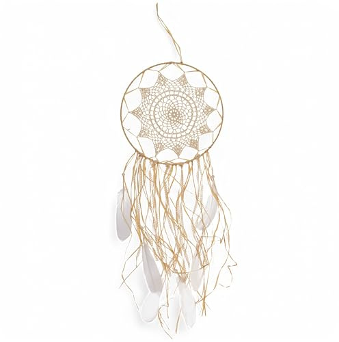 MIJOMA Traumfänger in Creme mit Federn & Bändern – Handgefertigte Boho-Dekoration aus Bast, ca. 67 x 30 cm