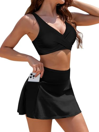 SHEKINI Women's High Waisted Bikini Sets Two Piece Swimsuit Swim Skirt | Skirted Bikini Bottom with built-in Briefs, V-neck Swimwear, Bathing Suits with Pockets, Removable Pads, Adjustable Straps
