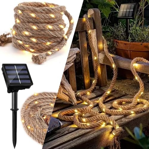 ZeiLaBang Kakadi Solar Lichterkette Seil,7M Solar Hanfseil Lichterkette mit 150 LEDs,Wasserdicht Fee lichterkette Aussen,solar Rope Lights für Garten Balkon Terrasse Weihnachten Party