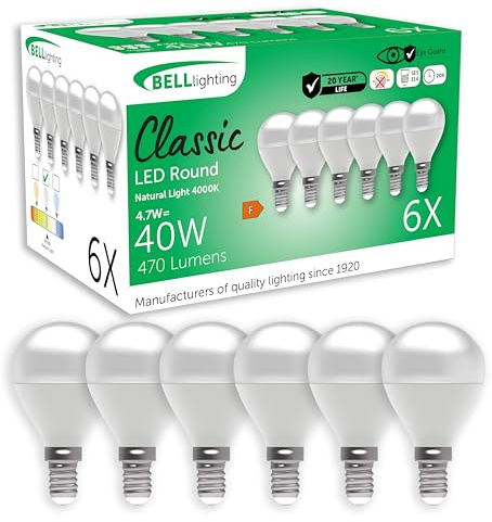 BELL Lighting E14 Energy Saving LED Golf Ball Bulbs Natural White 6 Pack | Energy saving E14 SES LED golf ball bulbs, 4000K natural white light, 470lm brightness and 40W equivalent output for lamps.