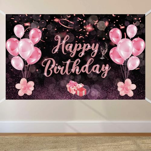 Geburtstag Banner Rosa, Happy Birthday Banner 180 x 110cm | Extra Große Banner Geburtstag, Happy Birthday Hintergrund Banner für Mädchen Damen Party Geburtstagsdeko