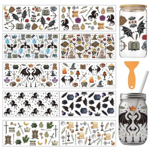 arricraft 10 Stück UV Transferpapier Für Tassen Mit Drachenmotiv Mittelalterliche Magische Elemente Geheimnisvoller Drache Und Buch DIY Wärmeübertragungsaufkleber Für 16 OZ Glasbecher 9.5x4.3 Zoll