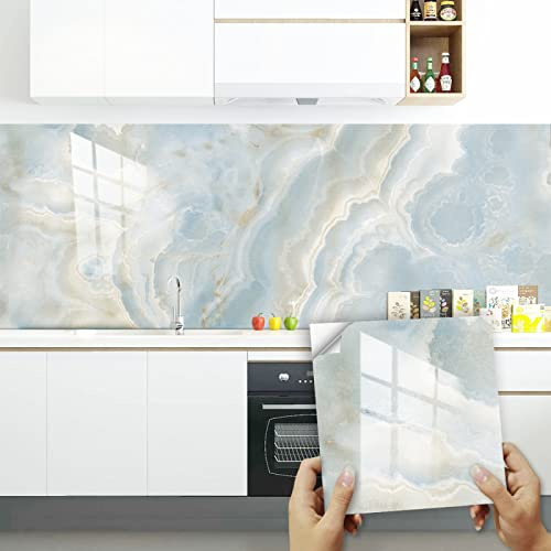 QBYRSSS Pegatinas para Azulejos de Cocina de 15 cm x 15 cm, diseño de mármol Azul Claro, para baño, Pared, salpicadero, Cocina, Vinilo Autoadhesivo, decoración del hogar (10 Unidades)