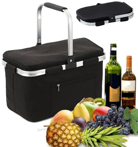 Velrithia 30L Isolierter Einkaufskorb, Hochwertige Faltbare Einkaufstasche mit gepolsterten Griffen, Aluminiumrahmen und robustem, wasserdichtem Futter - Ideal für Reisen/Picknicks/Einkaufen/Camping