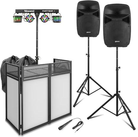 Vonyx VPS102A 10 Active DJ Speaker Package with DJ Booth, BeamZ PartyBar2 Disco Lighting System, Speaker Bags & Stands - Complete Home DJ Setup for Small Gigs