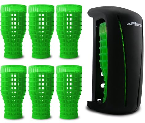 Airsenz Black Non Aerosol Air Freshener Dispenser and 6 Gel Refills - 50% More Fragrance Content than other Brands - 60 Day Odour Control per Gel Refill - No Harmful Aerosols (Tropical Burst)