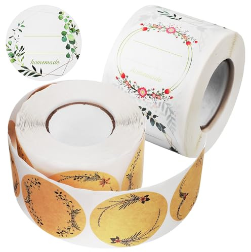 LOLIPPYY 2 Rolls Self-Adhesive Kraft Paper Labels Plant Garland Pattern 500 White and Brown Stickers Suitable for Bags, Jam Jars, and Baking Packaging