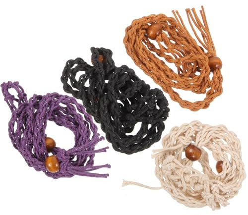 HOOTNEE 4 Stück Teiliges Verstellbares Leerer Steinhalter aus Geflochtenem Wachsseil und Holz Retro Kettenanhänger in Schwarz Orange Lila für DIY Halsketten und Schmuckgestaltung